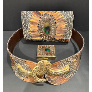 Vintage 1970s Genuine Peacock Feather Accessory Set – Clutch Bag, Belt & Compact
